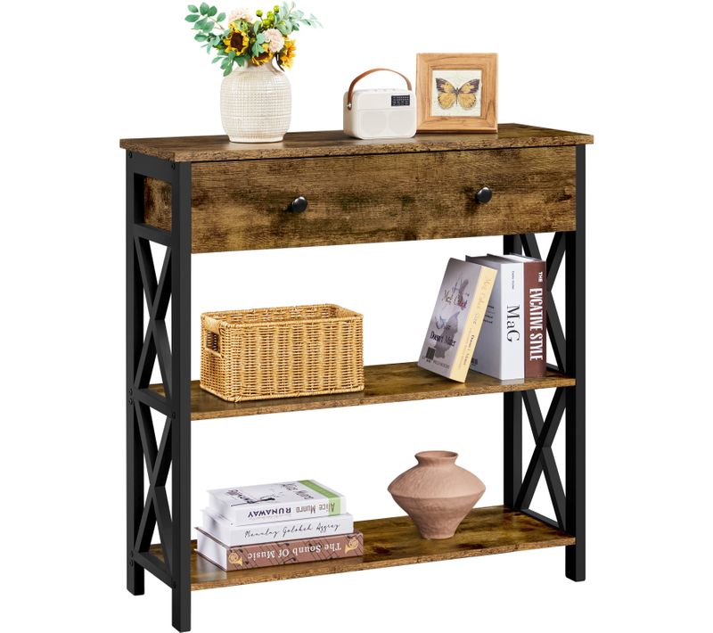 Table Console En Bois Et Métal Table D’entrée Industrielle Avec Grand Tiroir