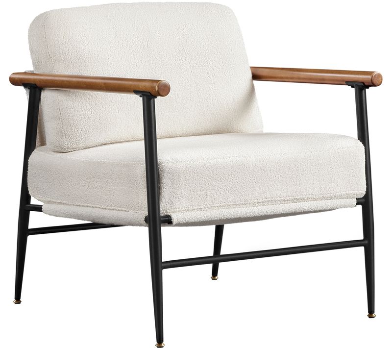 Fauteuil De Relaxation En Tissu Bouclette Avec Cadre Métallique Et Accoudoirs Bois, Ivoire