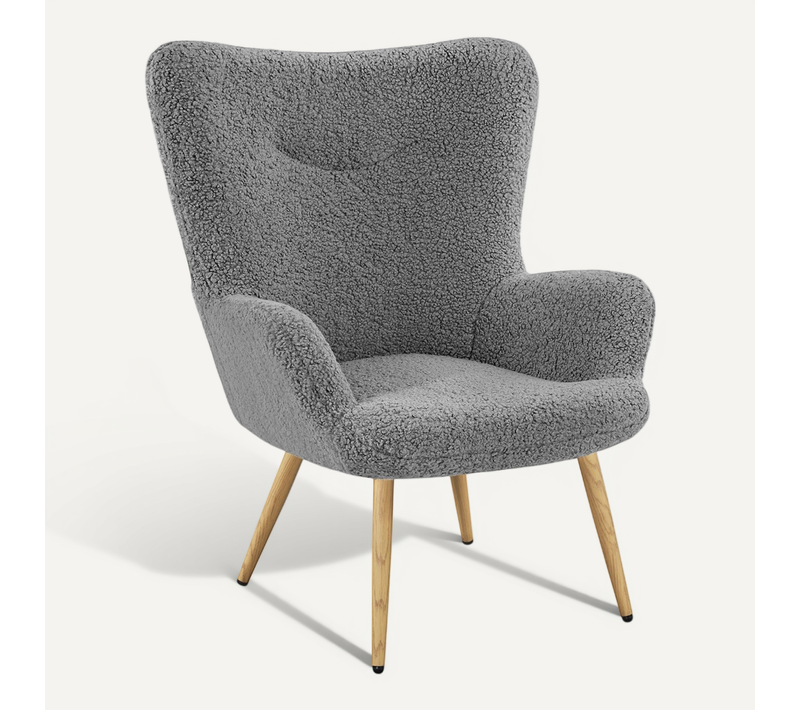 Fauteuil De Salon En Tissu Bouclette Avec Pieds En Métal Et Haut Dossier Enveloppant, Gris