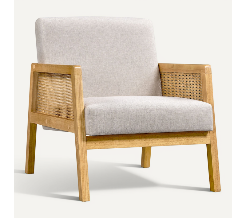 Fauteuil De Salon Design Rotin En Bois Massif Et En Tissu Avec Coussins Rembourrés, Beige