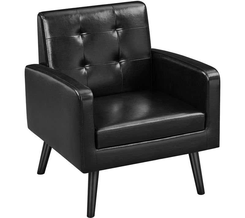 Fauteuil De Salon En Similicuir Avec Dossier Capitonné Et Pieds En Bois Massif, Noir