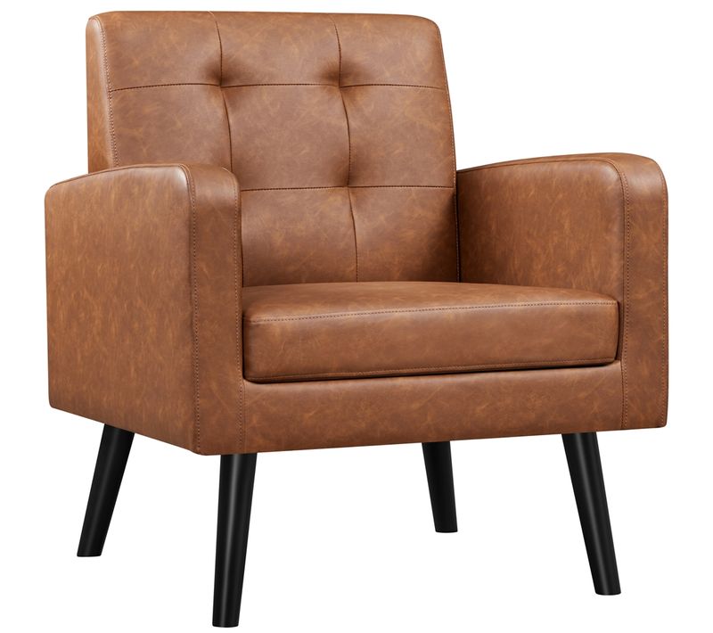 Fauteuil De Salon En Similicuir Avec Dossier Capitonné Et Pieds En Bois Massif, Brun Rustique