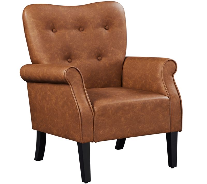 Fauteuil De Salon Moderne Rembourré En Similicuir Avec Dossier Capitonné, Brun Rustique