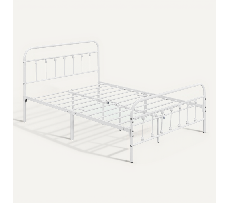 Cadre De Lit Double En Métal 140×200 Cm Avec Sommier Et Haute Tête De Lit, Blanc