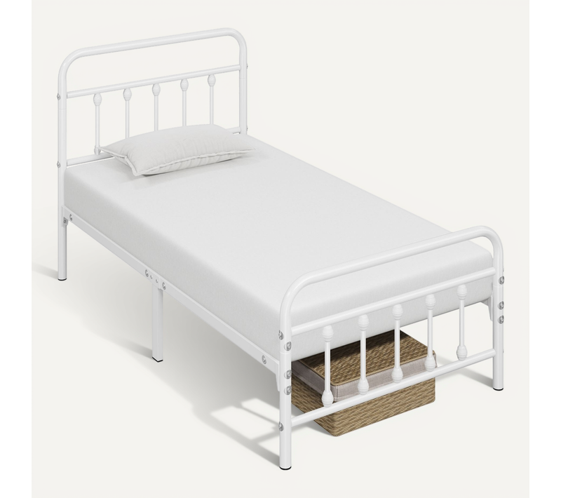 Cadre De Lit En Métal 90×200 Cm Avec Sommier Et Haute Tête De Lit, Blanc