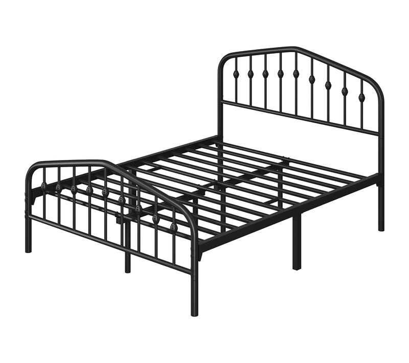 Cadre De Lit Double 140×200 Cm En Métal Avec Tête De Lit Et Sommier à Lattes, Noir