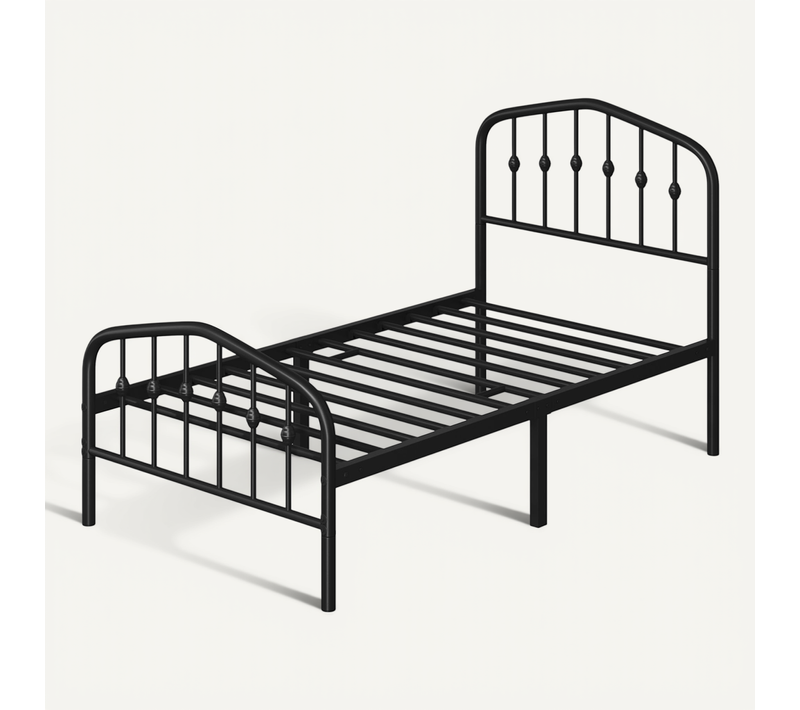 Cadre De Lit Simple 90×200 Cm En Métal Avec Tête De Lit Et Sommier à Lattes, Noir