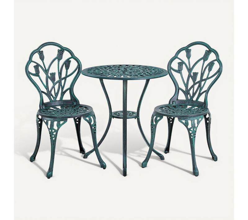 Ensemble Table Et 2 Chaises De Jardin En Aluminium Avec Trou Pour Parasol, Vert