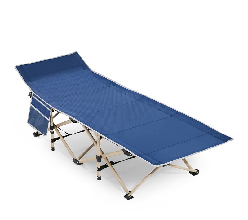Lit De Camp Pliable 1 Personne Avec Pochettes, Sac De Transport Et Armature En Métal, Marine
