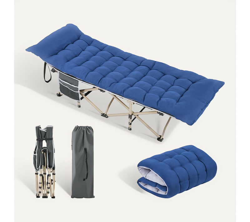 Lit De Camp Pliable Avec Matelas, Pochette Et Sac De Transport, Cadre Gris/coussin Bleu