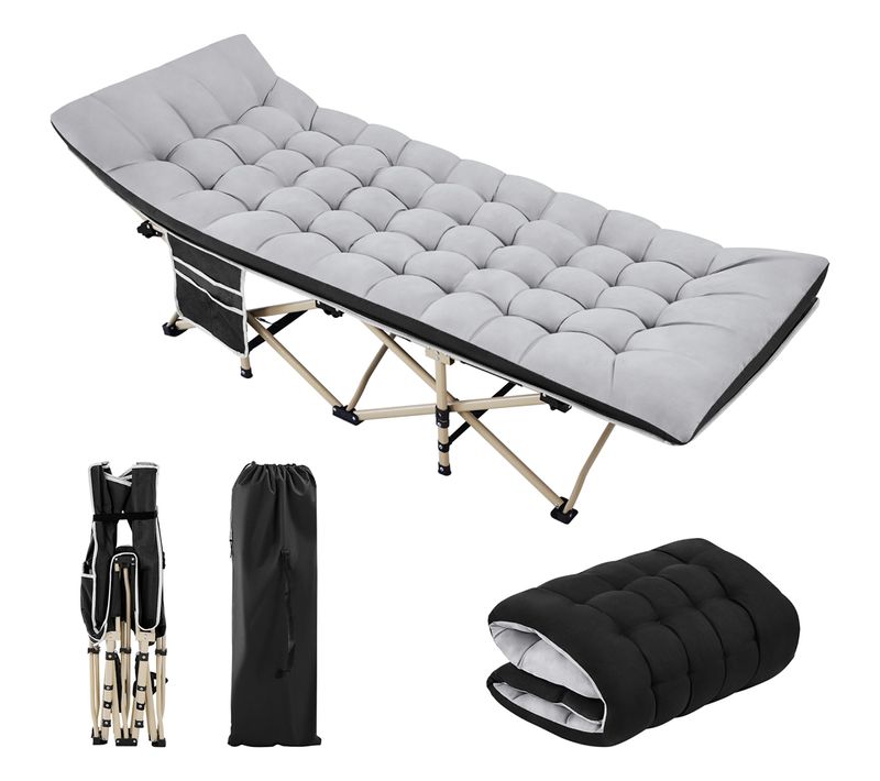 Lit De Camp Pliable Avec Matelas, Pochette Et Sac De Transport, Cadre Noir/coussin Gris