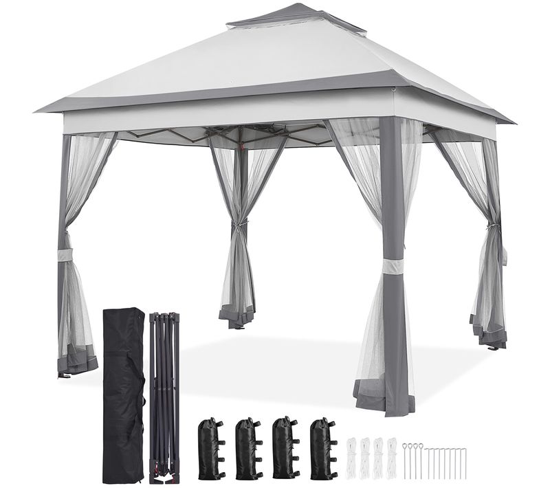 Tonnelle Avec Toiles Moustiquaires 3,3 X 3,3m Pour Camping Fêtes Bar Gris Clair Et Gris Foncé