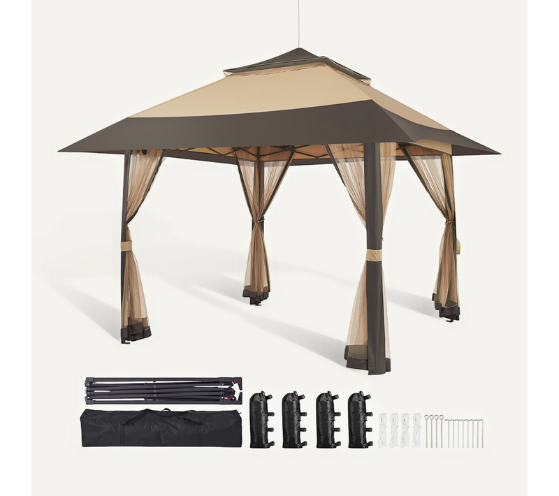 Tonnelle Avec Toiles Moustiquaires 4×4m Gazebo Abri Soleil Tente Pliante Autoportante Kaki Et Brun