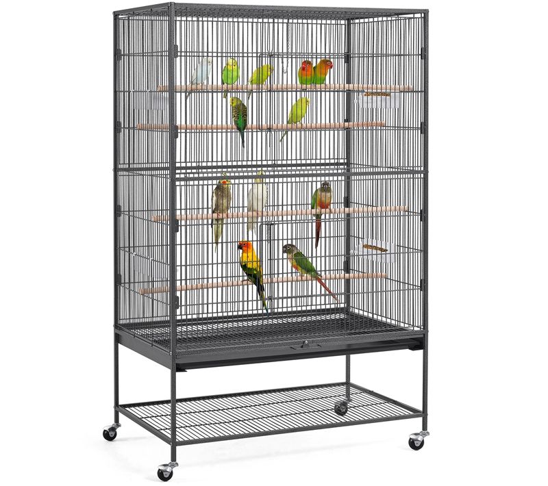 Grande Cage à Oiseaux Sur Pied En Métal Forgé Avec Étagère De Rangement, Noir
