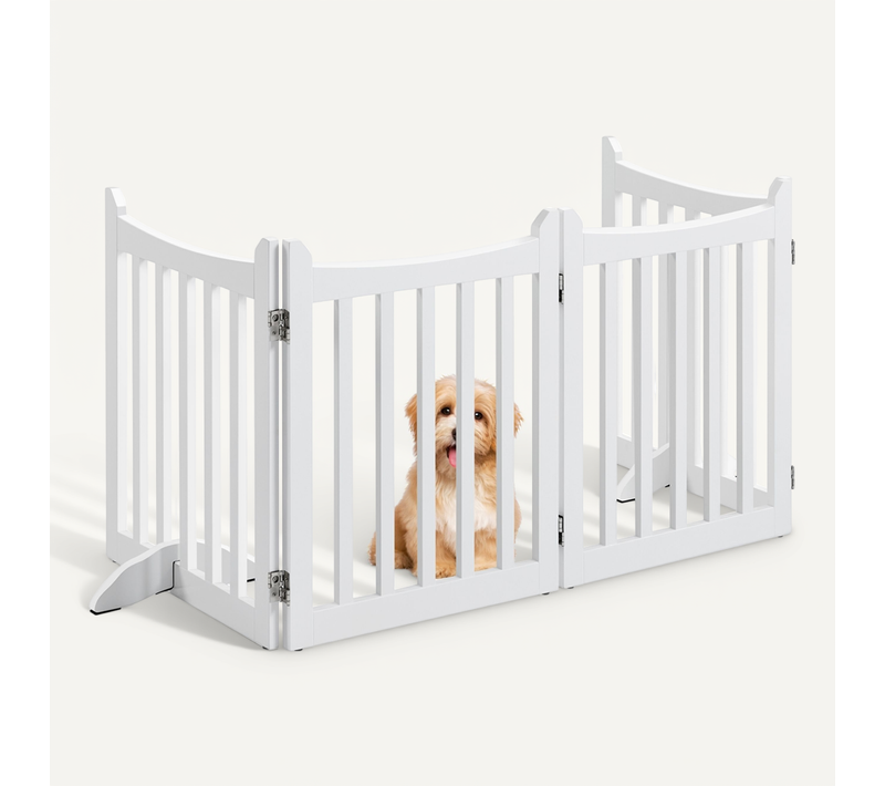 Barrière De Sécurité Pliable En 4 Panneaux Barrière Chien En Bois Avec Pieds De Support, Blanc