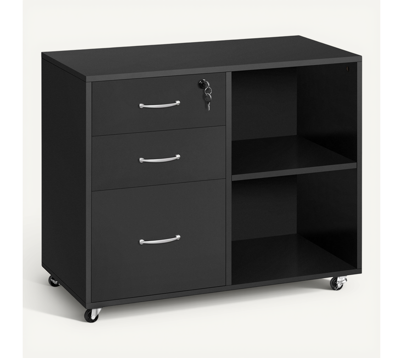 Caisson De Bureau Style Industriel Avec 3 Tiroirs Et 2 Compartiments Ouverts Caisson, Noir