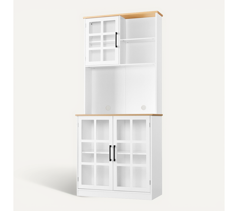 Buffet De Cuisine En Mdf Avec Portes En Verre Et Rangement Étagère Réglable, Blanc