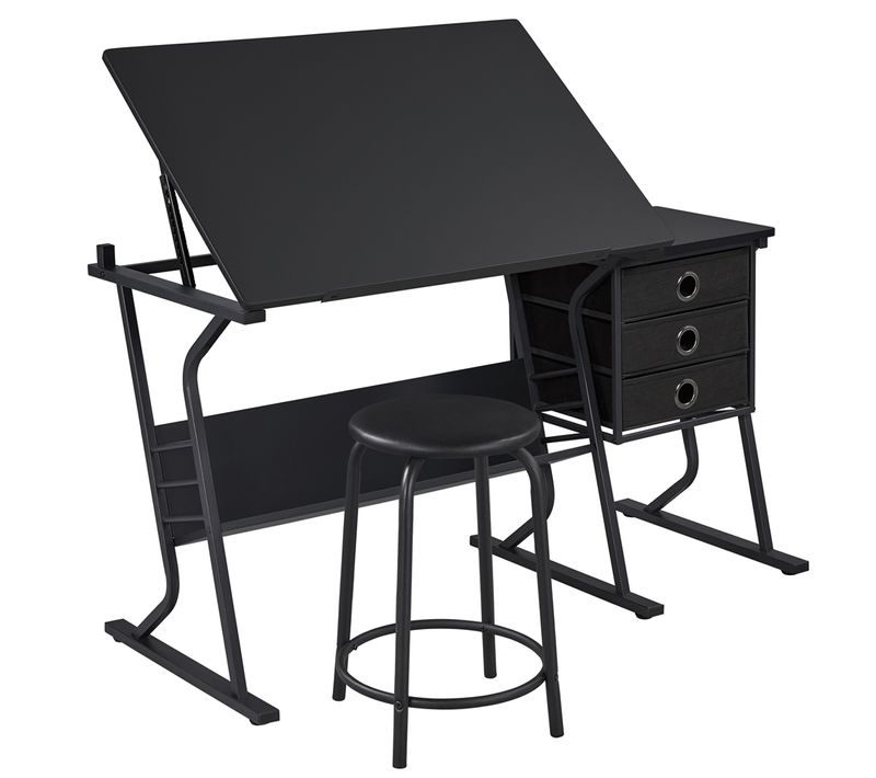 Table à Dessin Inclinable Avec Table D’appoint Et Tabouret, Bureau à Dessin Avec 3 Tiroirs, Noir