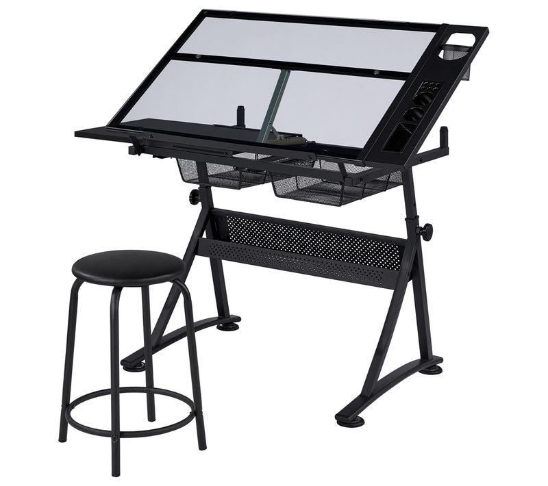 Table à Dessin Inclinable Avec Tabouret, Rallonge Rétractable Et Étagère De Rangement, Noir