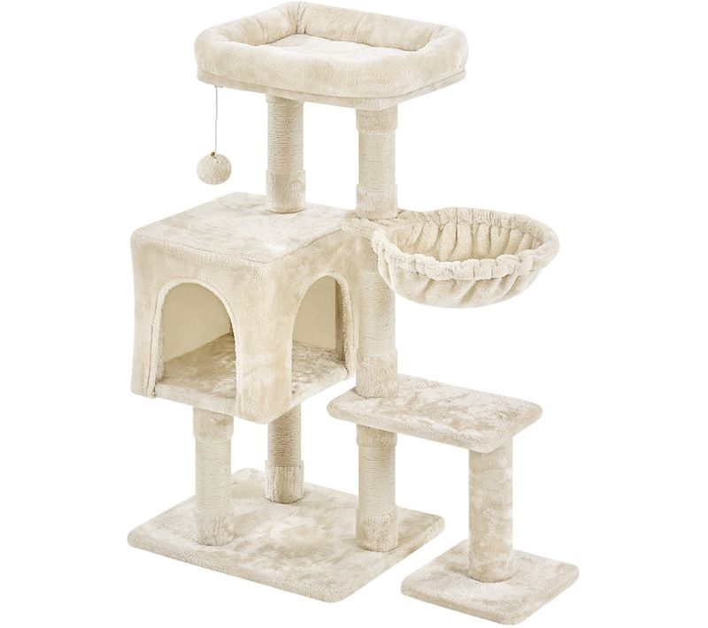 Arbre à Chat Multiniveau Avec Poteaux En Sisal Niche Perchoir Panier Boule à Clochette, Beige