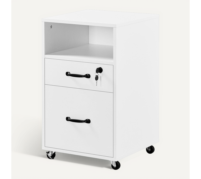 Caisson De Bureau à Roulettes En Bois Avec 2 Tiroirs Et 1 Compartiment En Bois, Blanc