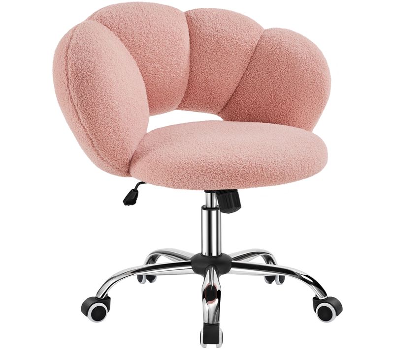 Chaise De Bureau En Tissu Bouclette Avec Dossier Rebondi Et Assise Réglable En Hauteur, Rose
