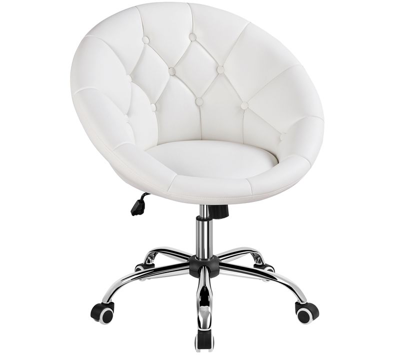 Chaise De Bureau En Similicuir Réglable En Hauteur Avec Roulettes Et Dossier Arrondi, Blanc