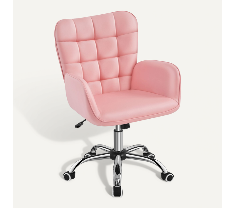 Fauteuil De Bureau En Similicuir Avec Accoudoirs Rembourrés Et Dossier Moyen Capitonné, Rose