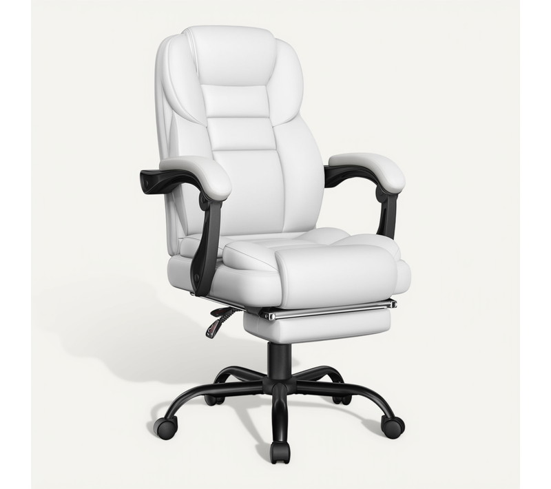 Chaise De Bureau En Similicuir Avec Haut Dossier Inclinable, Assise Réglable En Hauteur, Blanc