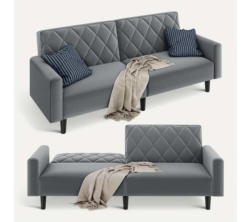 Canapé Droit Convertible En Tissu Canapé-lit Avec Dossier Inclinable Et Accoudoirs, Gris Foncé