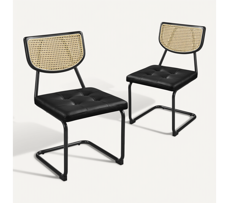 Lot De 2 Chaises De Salle à Manger Avec Dossier En Rotin Tissé Et Assise Capitonnée, Noir