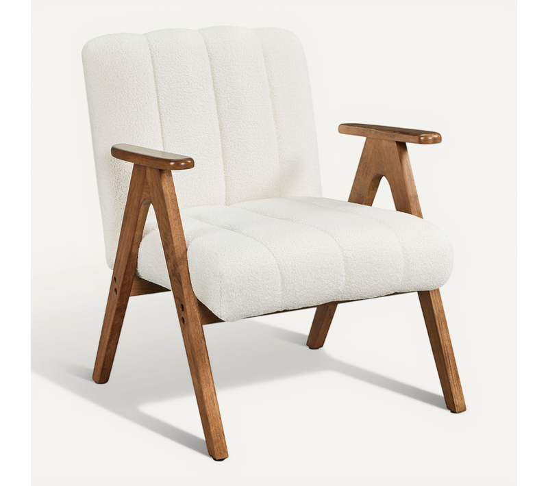 Fauteuil De Salon Moderne Rembourré En Tissu Bouclette Avec Pieds En Bois Massif, Blanc