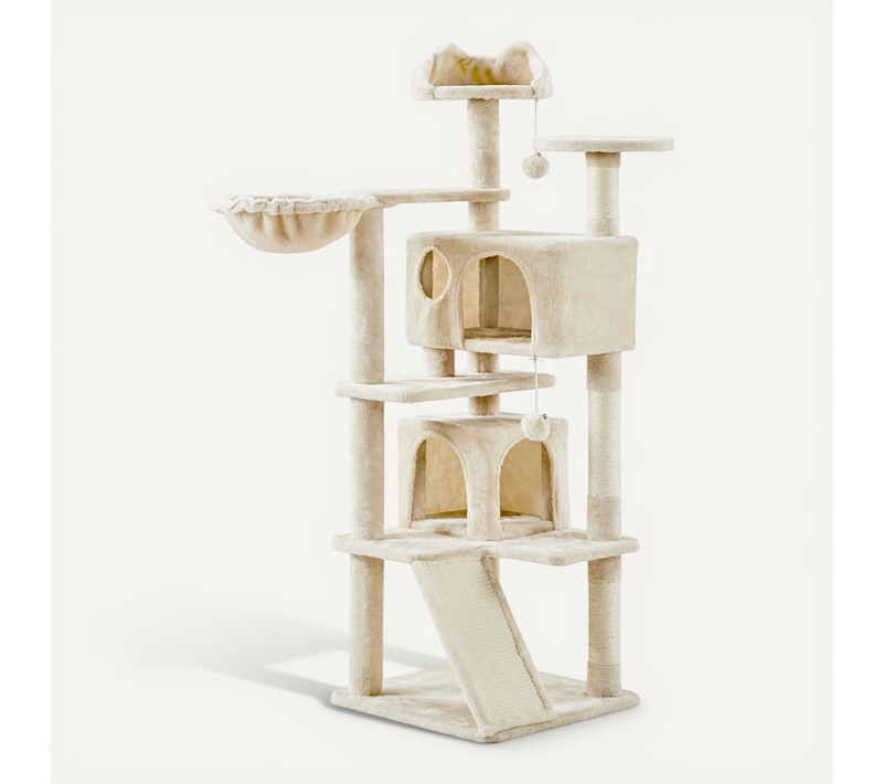 Arbre à Chat Multiniveau Avec Cachettes, Panier, Perchoirs, Rampe Et Poteaux En Sisal, Beige