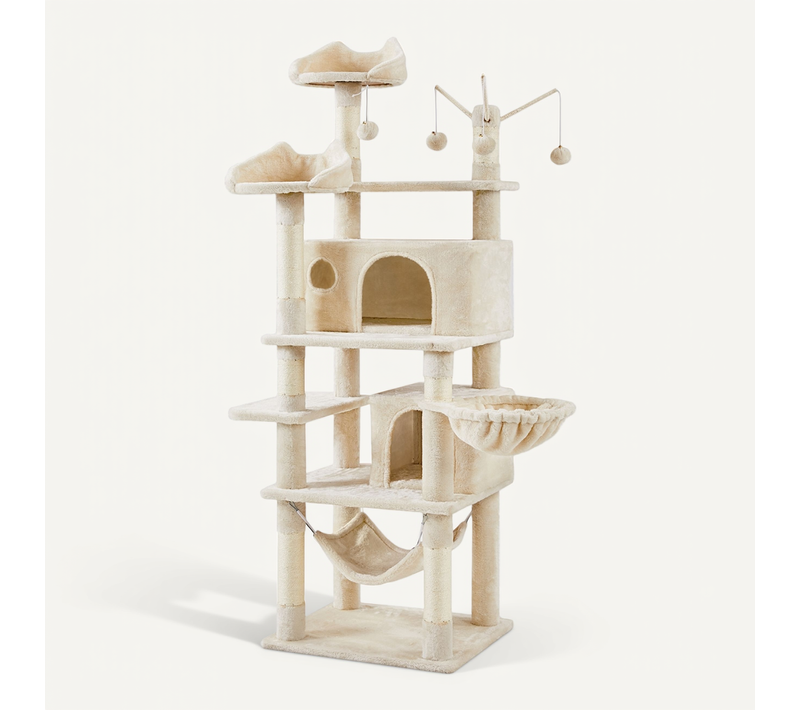 Arbre à Chat Multiniveau Avec Poteaux En Sisal, Niches Et Hamac, 170 Cm De Haut Beige