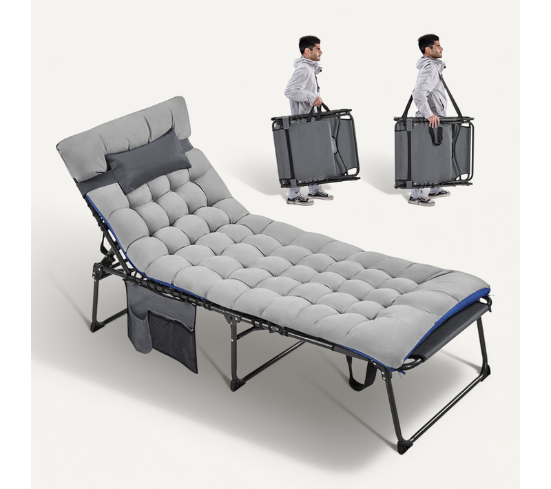 Chaise Longue Pliante à 5 Positions Bains De Soleil Pour Extérieur Avec Coussin Dossier, Gris