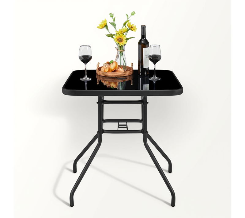 Table De Jardin Avec Trou Pour Parasol Table D'appoint Carrée En Verre Et Cadre En Métal, Noir