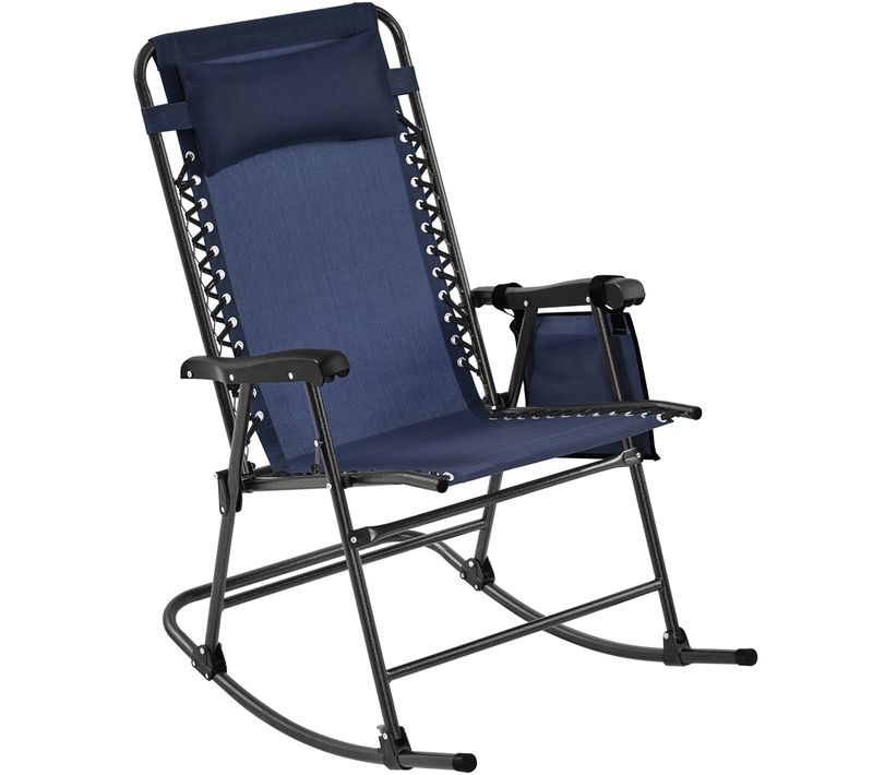 Fauteuil à Bascule Pliant En Toile Et Métal Avec Têtière Et Poche De Rangement, Bleu Marine