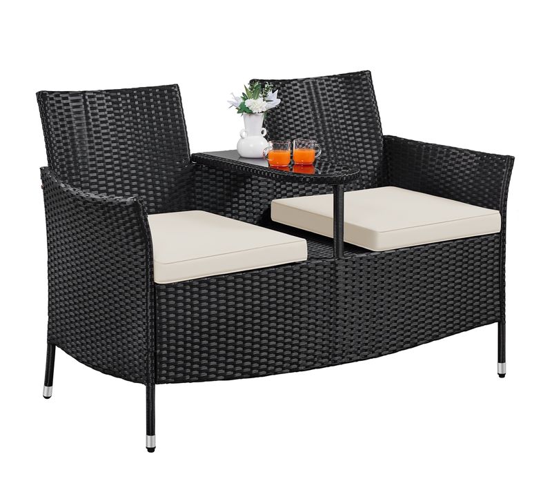 Salon De Jardin 2 Personnes En Résine Tressée Avec Table Centrale En Verre Trempé, Noir/beige