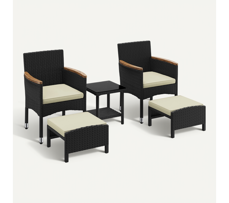 Salon De Jardin 5 Pièces En Résine Tressée Avec Fauteuils Pouf Table Basse, Noir/beige