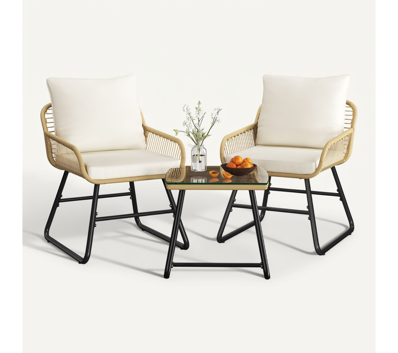 Salon De Jardin 2 Personnes En Polyrotin Avec 2 Fauteuils Et 1 Table Basse, Beige/crème
