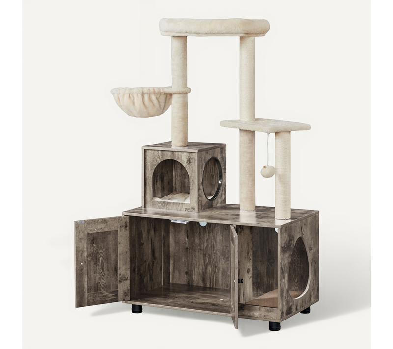 Arbre à Chat Avec Litière Table D'appoint Avec Niche, Panier Et Cachettes Grège/beige