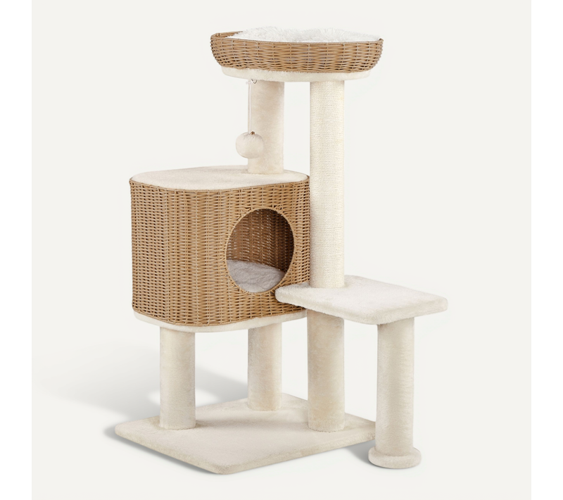 Arbre à Chat En Polyrotin Avec Griffoir En Sisal Et Panier Tressé 91 Cm De Haut Beige
