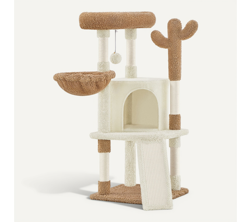 Arbre à Chat Design Cactus En Peluche Avec Poteaux En Sisal Et Plateformes, Beige Et Marron