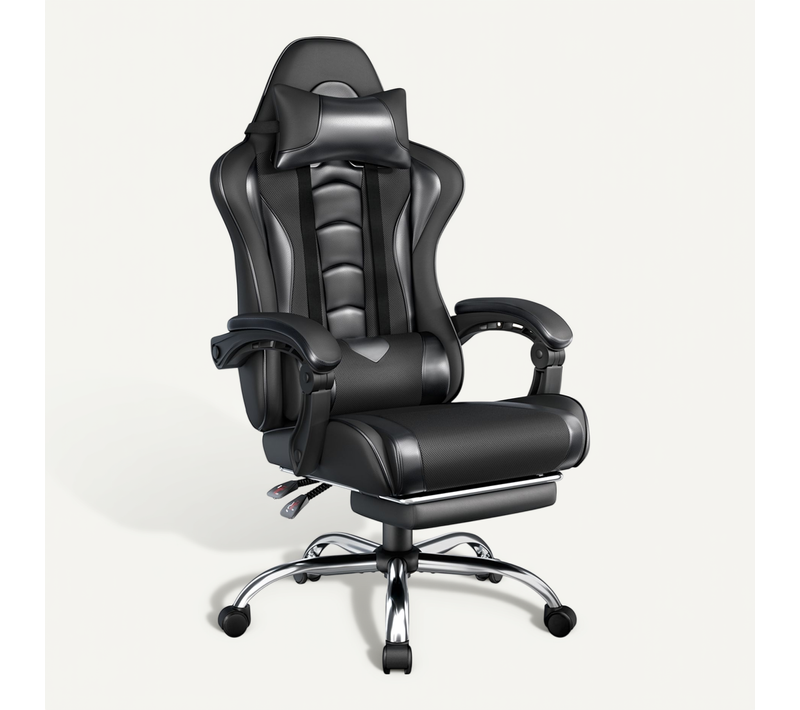 Chaise Gaming Pivotant Réglable En Hauteur Repose-pieds Télescopique Charge maximale 150kg, Noir