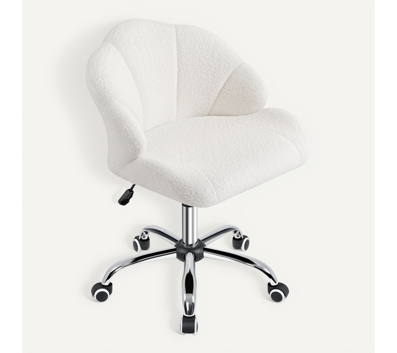 Chaise De Bureau En Tissu Bouclé Avec Roulettes Et Dossier Inclinable Capitonné, Blanc Neige
