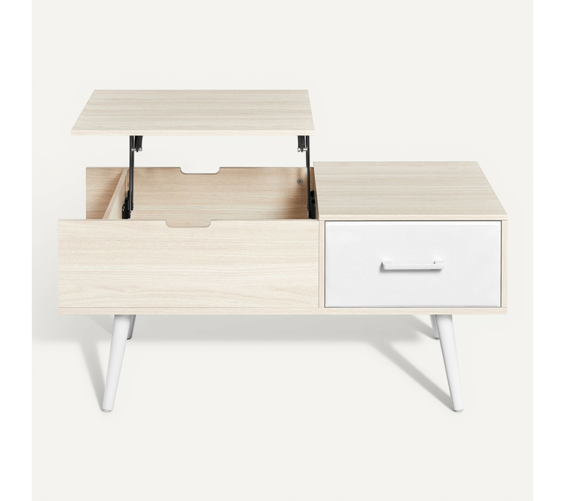 Table Basse à Plateau Relevable Rangement Avec Tiroir En Tissu, Couleur Bois Clair