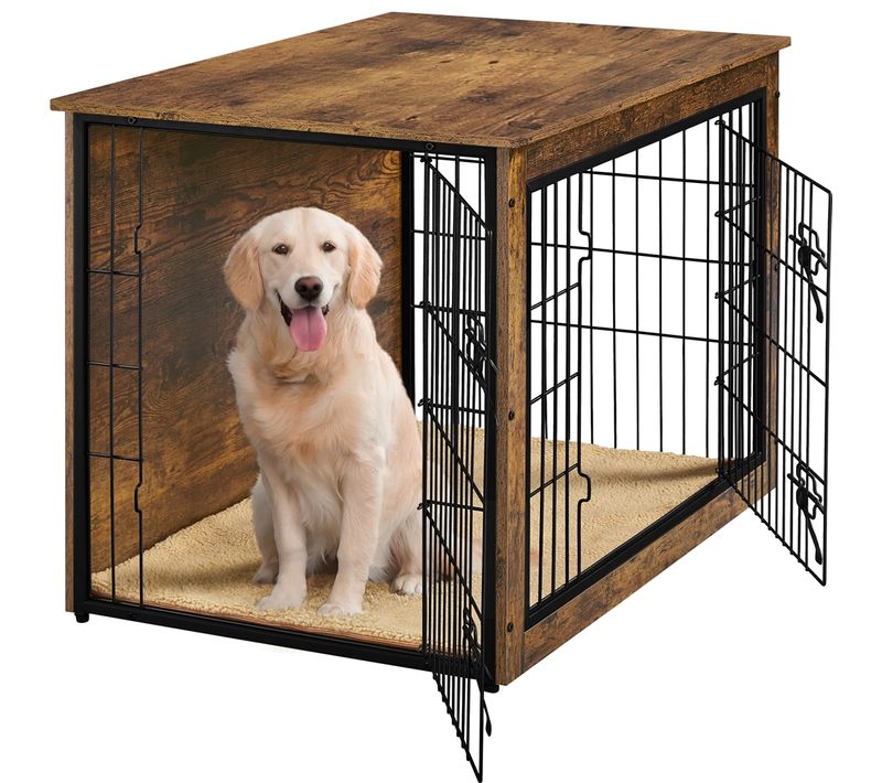 Cage Pour Chien En Bois Avec 2 Portes à Double Serrure Et Tapis Pelucheux, Brun Rustique