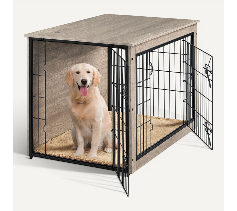 Cage Pour Chien En Bois Avec 2 Portes Grillagées à Double Serrure Et Tapis Pelucheux, Gris