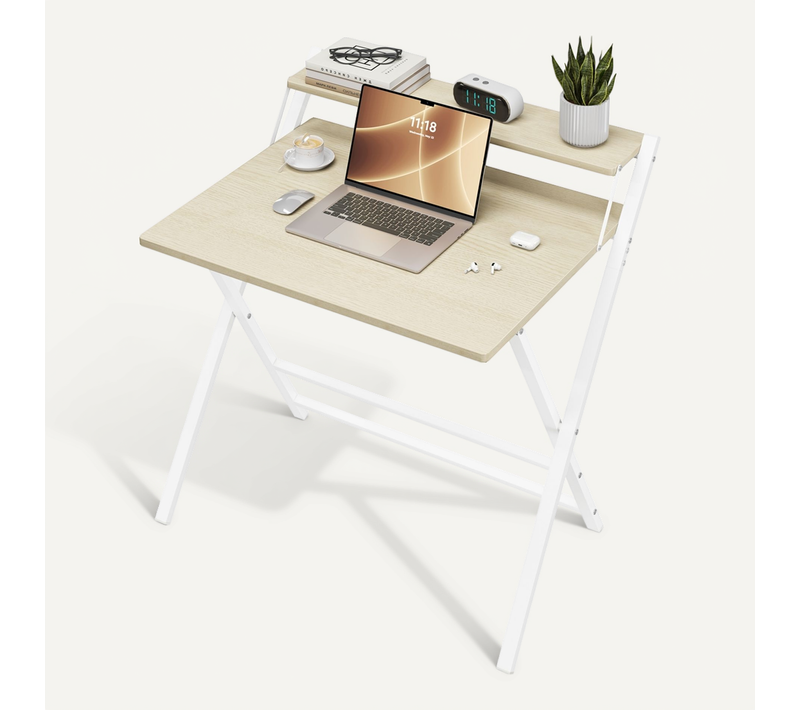 Bureau Informatique Pliable Table D'ordinateur Avec Petit Étagère Surélevée, Bois Clair