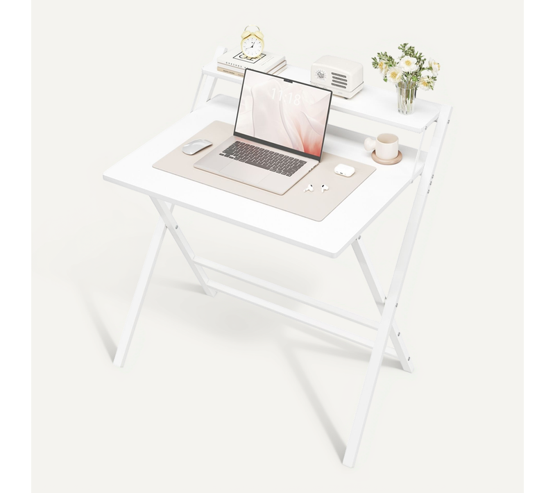Bureau Informatique Pliable Table D'ordinateur Avec Petit Étagère Surélevée, Blanc